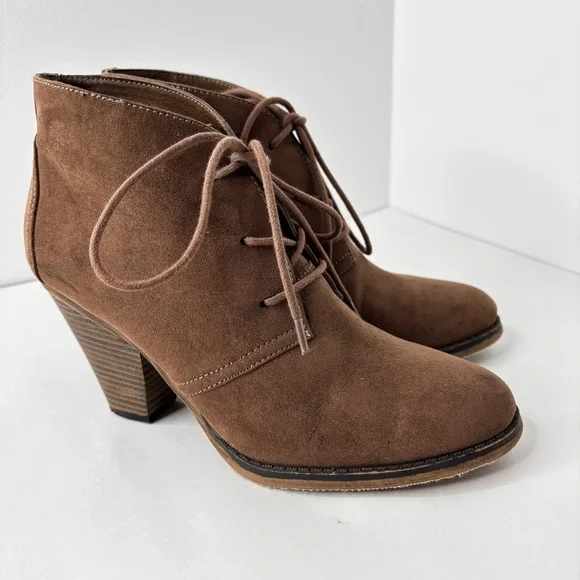 Mia Boots Size 8 M Sean Ankle Bootie Brown Lace Up Round Toe Cone Heels Vegan - Picture 11 of 15